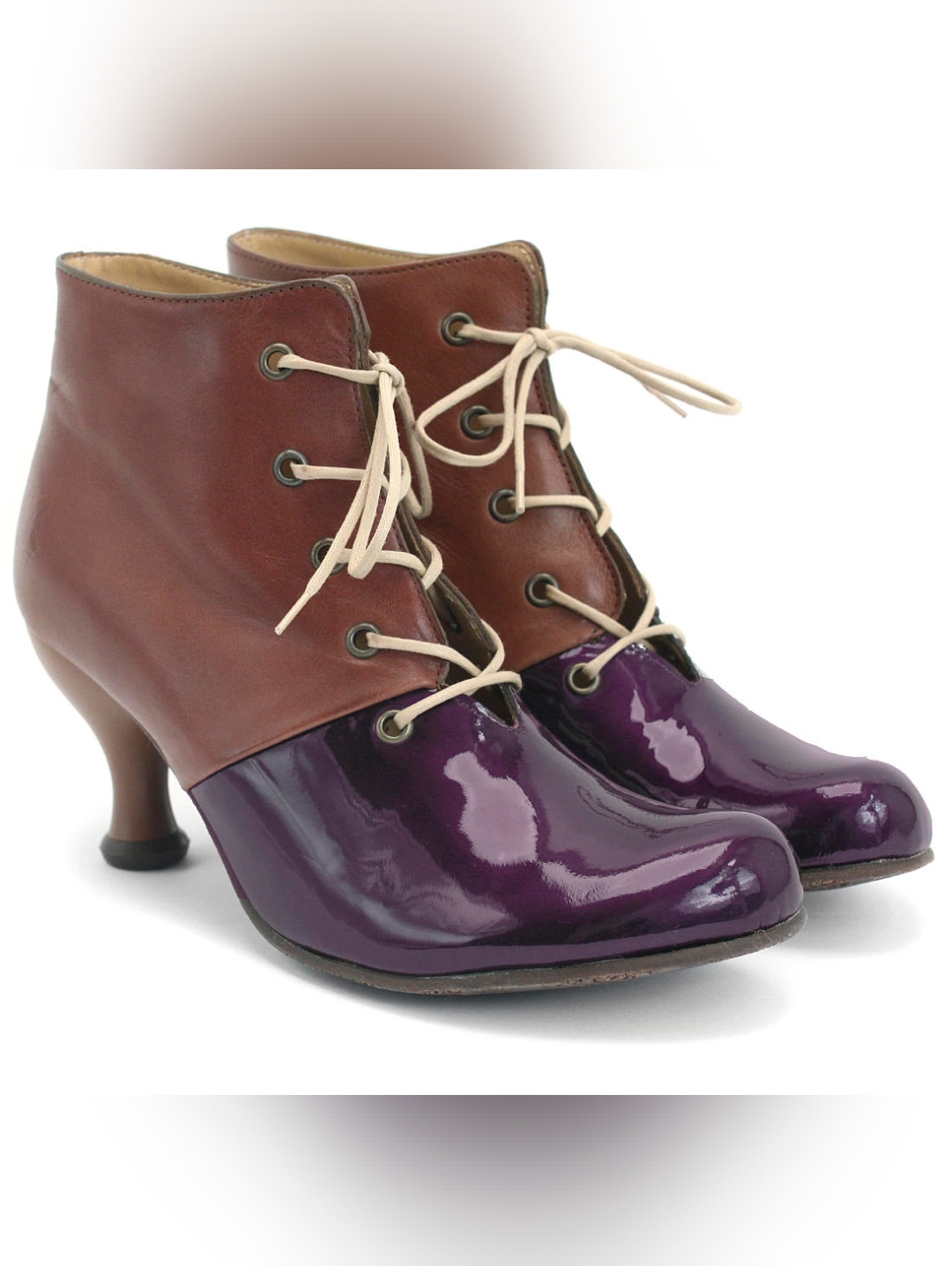 Fluevog Bellevue Rose Dunn Brown & Burgandy 2.5" Heel Lace Boots Size 10